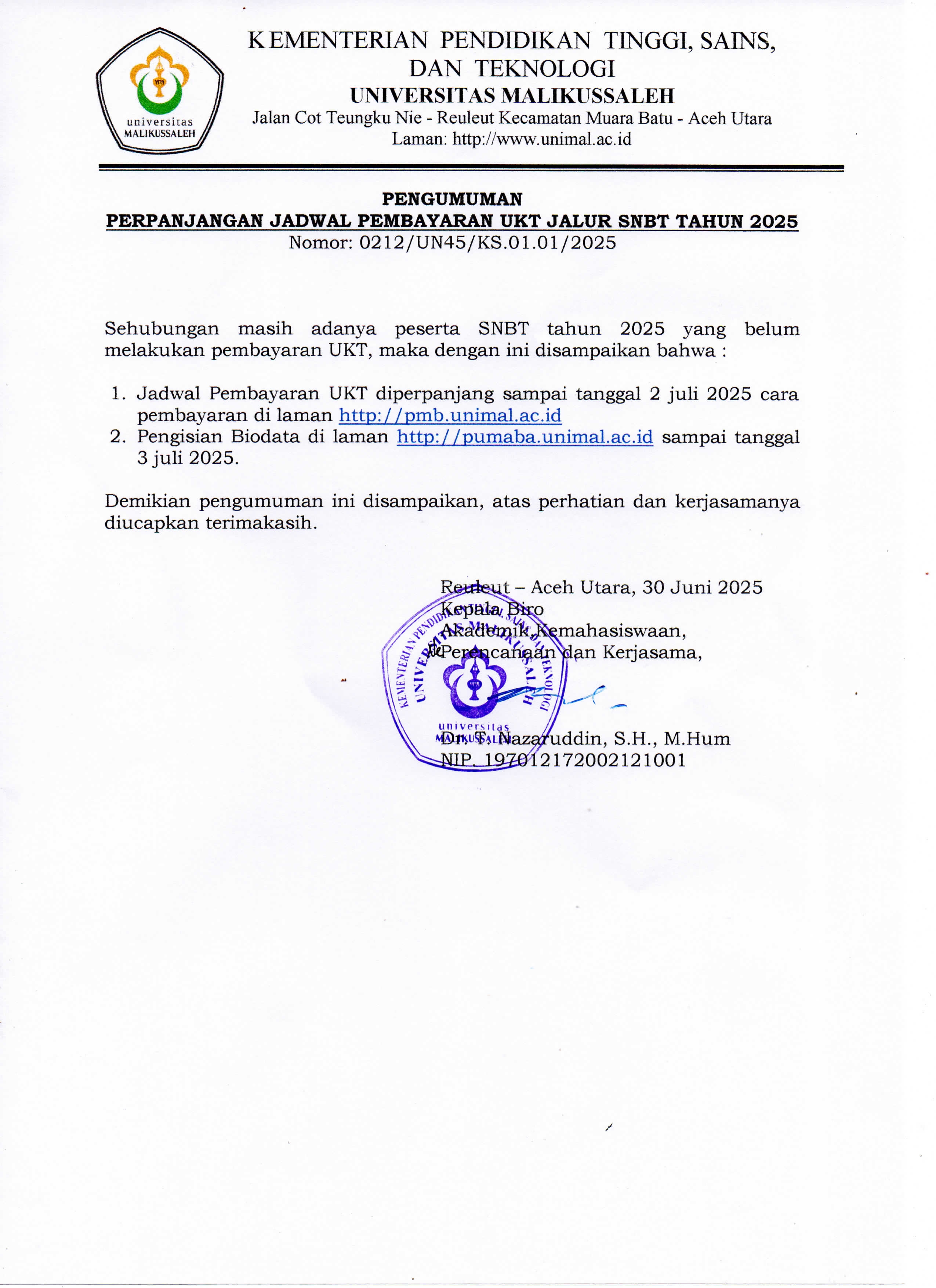 0212 Pengumuman Perpanjangan Jadwal Pembayaran UKT Jalur SNBT Tahun 2025 001