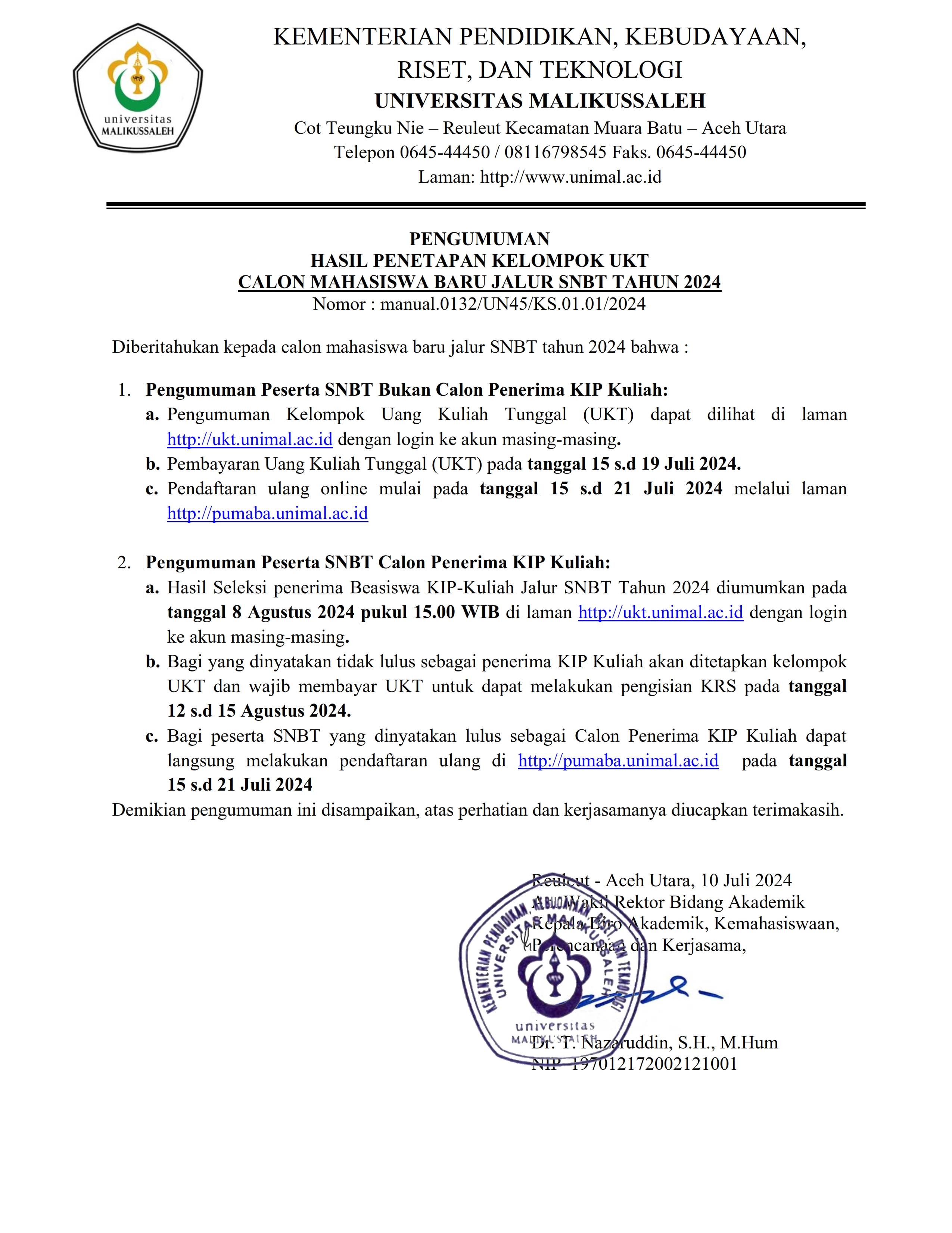 PENGUMUMAN HASIL PENETAPAN KELOMPOK UKT JALUR SNBT 2024 OKE 001