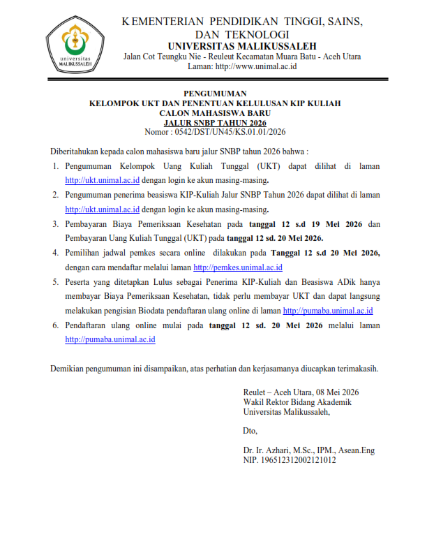 PENGUMUMAN PENETAPAN KELOMPOK UKT dan PENGUMUMAN KIP KULIAH JALUR SNBP 2026 001
