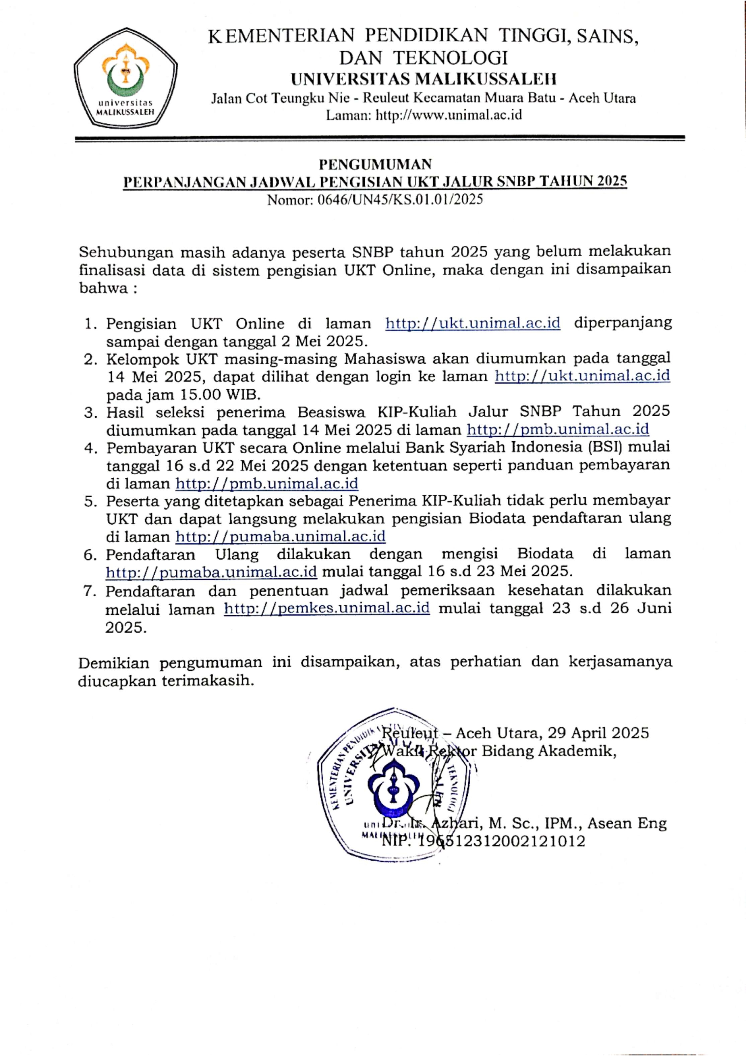 Pengumuman Perpanjangan Jadwal Pengisian UKT 2025 001